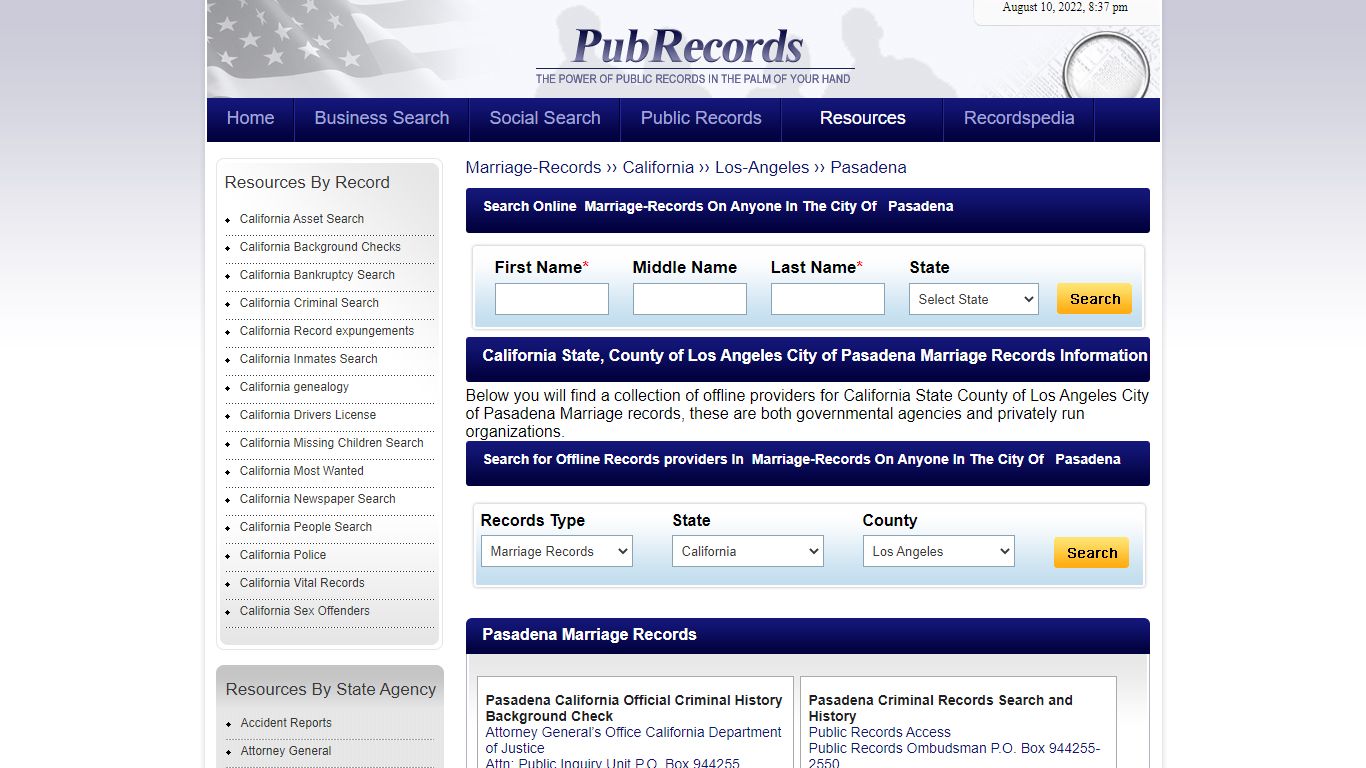 Pasadena, Los Angeles County, California Marriage Records